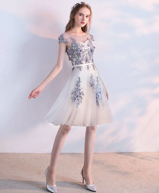 prom dress inspiration galleriesGray Tulle Lace Short Prom Dress, Homecoming Dress