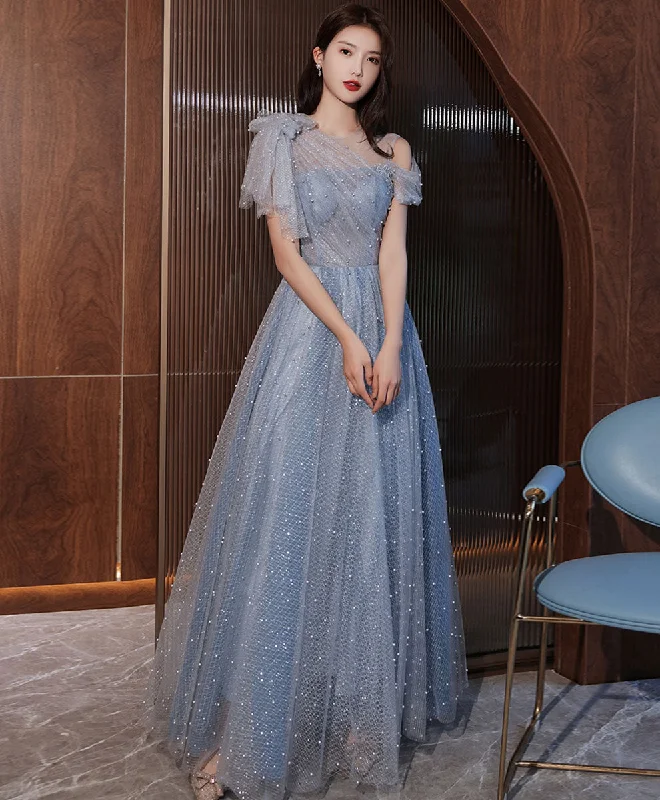 prom dresses with trainsBlue One Shoulder Tulle Long Prom Dress Blue Tulle Formal Dress