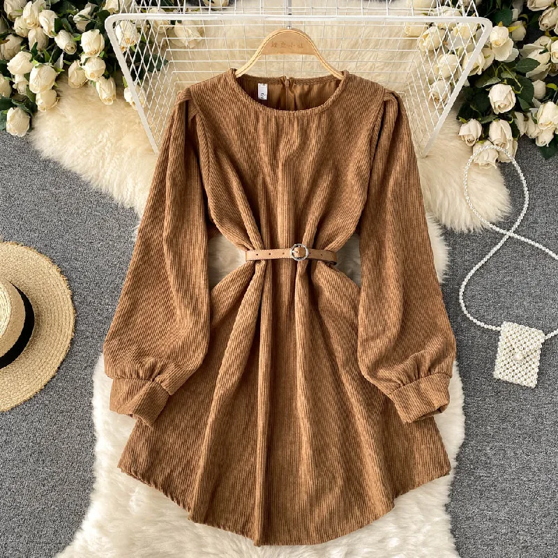 Flowing Long Sleeves Ruffle DressSimple Corduroy Long Sleeve Dress Fashion Dress  10887