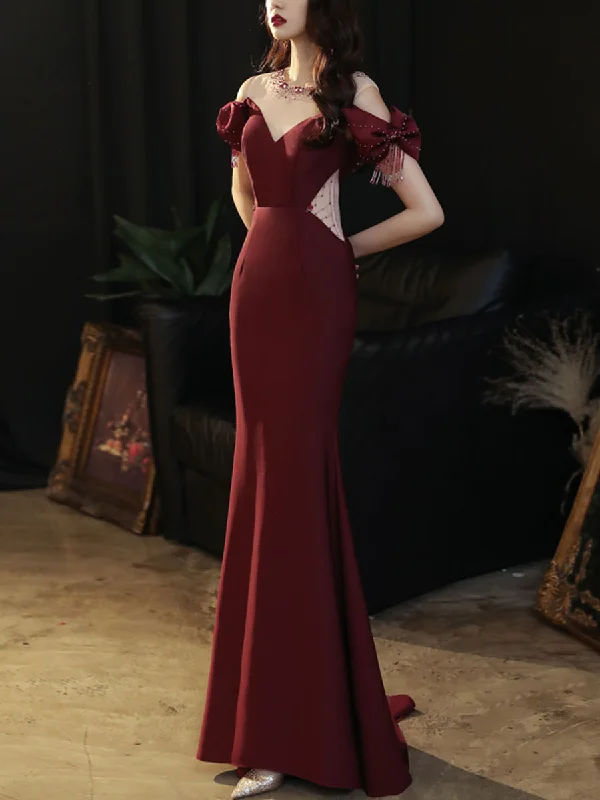 prom dress alterationsBurgundy Round Neck Satin Mermaid Long Prom Dress Burgundy Formal Dress