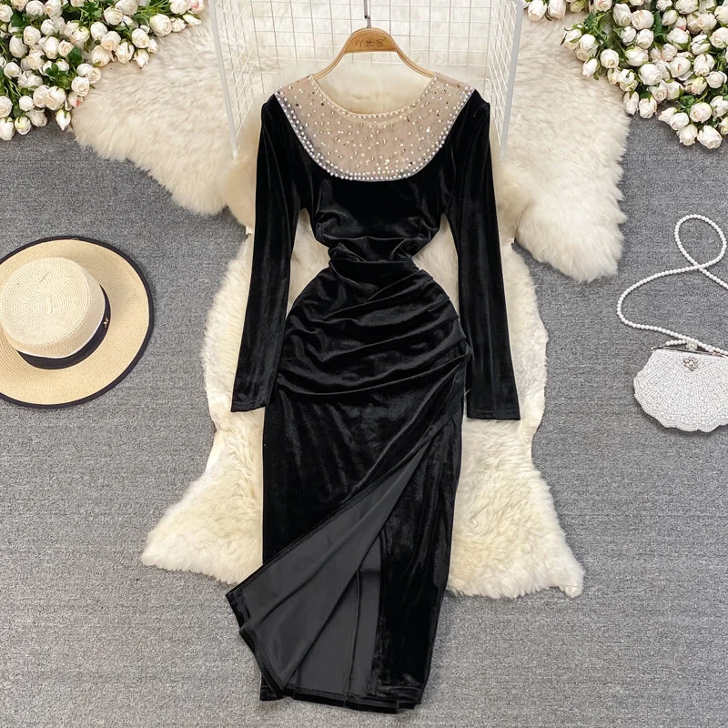 Fancy Long Sleeves Ball GownBlack Velvet Long Sleeve Dress Fashion Dress  10929