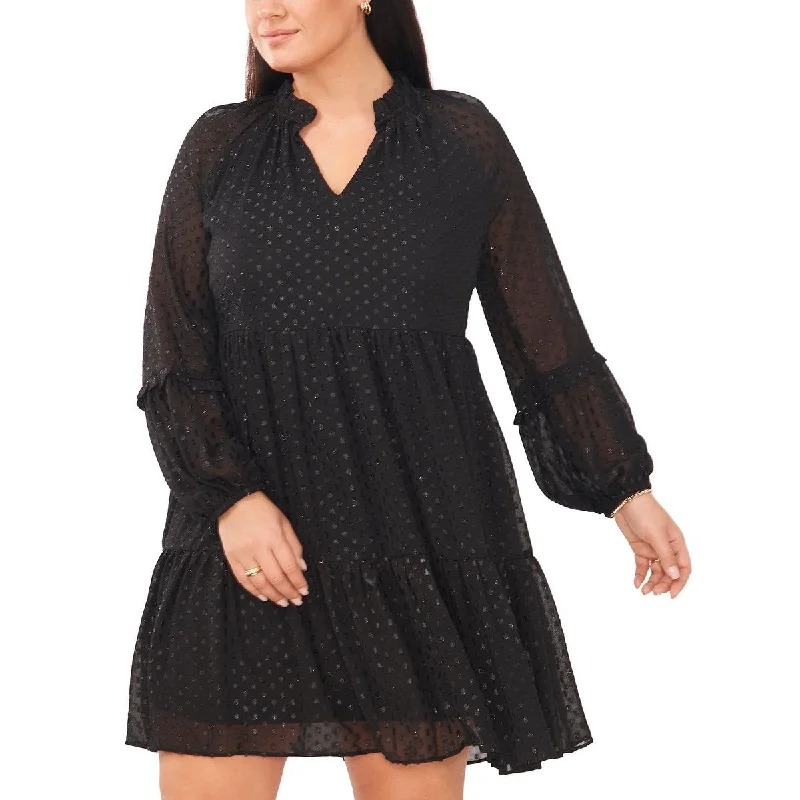 Feminine Long Sleeves DressMsk Women's Split Neck Chiffon Long Sleeve Shift Dress Black Size 1X