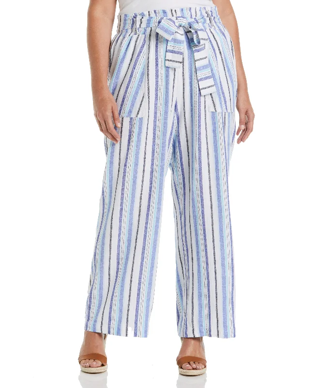 women's mini pantsPlus Size Stripe Wide Leg Linen Blend Paper Bag Pant