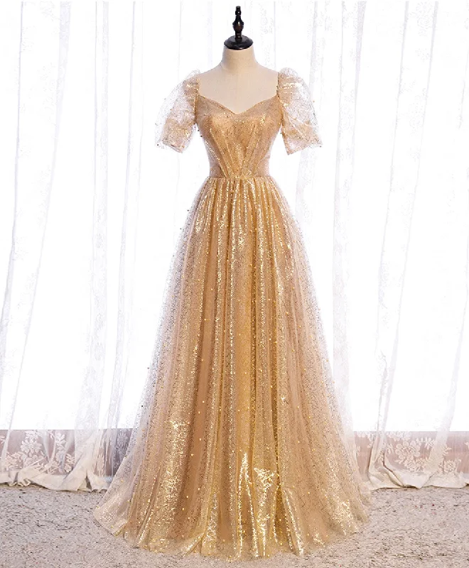 budget-friendly prom dressesGold Aline Tulle V Neck Long Prom Dress, Gold Formal Dresses