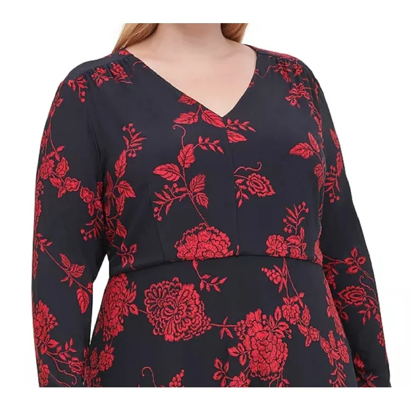 Fitted Long Sleeves DressTommy Hilfiger Women's Floral Long Sleeve V Neck Below The Knee Fit + Flare Wear To Work Dress Black Size Small