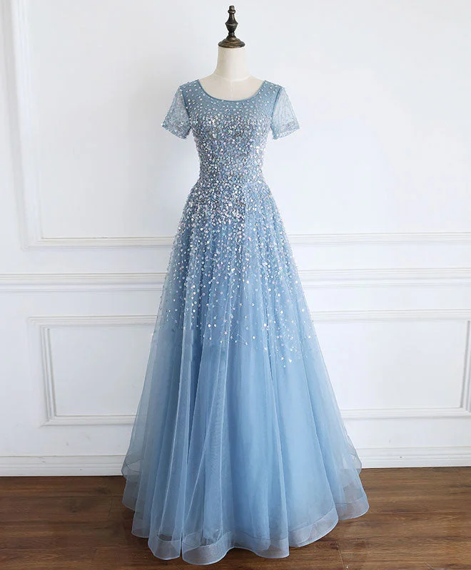 prom dress shopping tipsBlue Round Neck Tulle Sequin Beads Long Prom Dress Blue Tulle Formal Dress