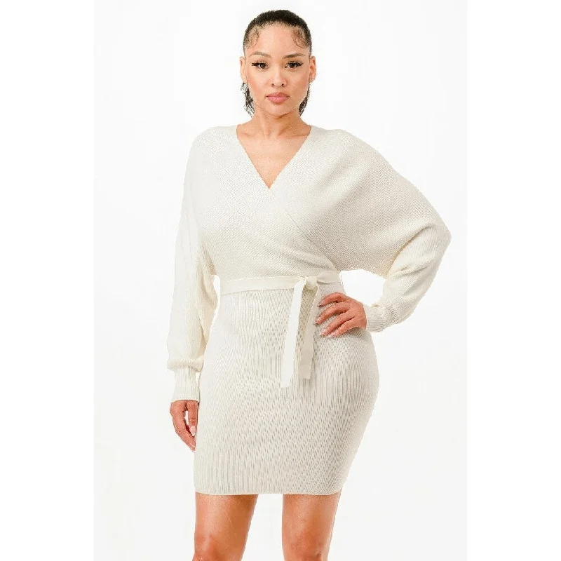 Fashionable Long Sleeves DressLong Sleeves Off Shoulder Wrap Belted Ribbed Sweater Dress