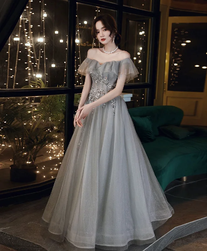 off-the-shoulder prom dressesGray Sweetheart Tulle Lace Long Prom Dress, Gray A line Formal Graduation Dress