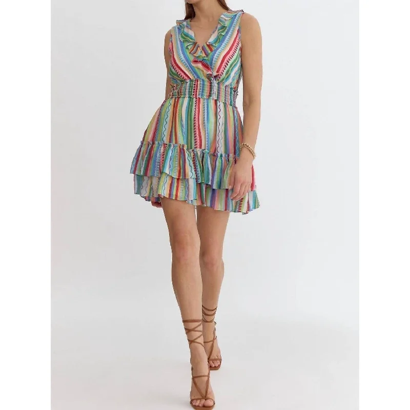 Sleeveless Dress With EmbroideryEntro - Fiesta Stripe Sleeveless Ruffle Dress