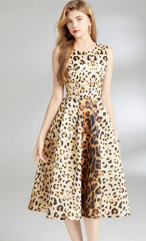 Sleeveless Dress BridesmaidSleeveless high-waisted  Leopard Printed big size A-line dress