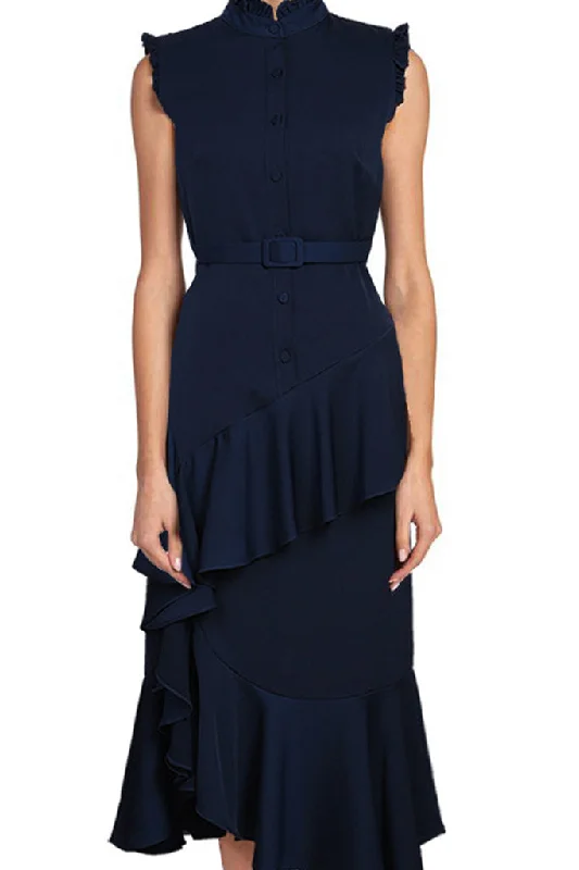 Sleeveless Dress For PartySleeveless Waist Belted Button Front Ruffle Dress