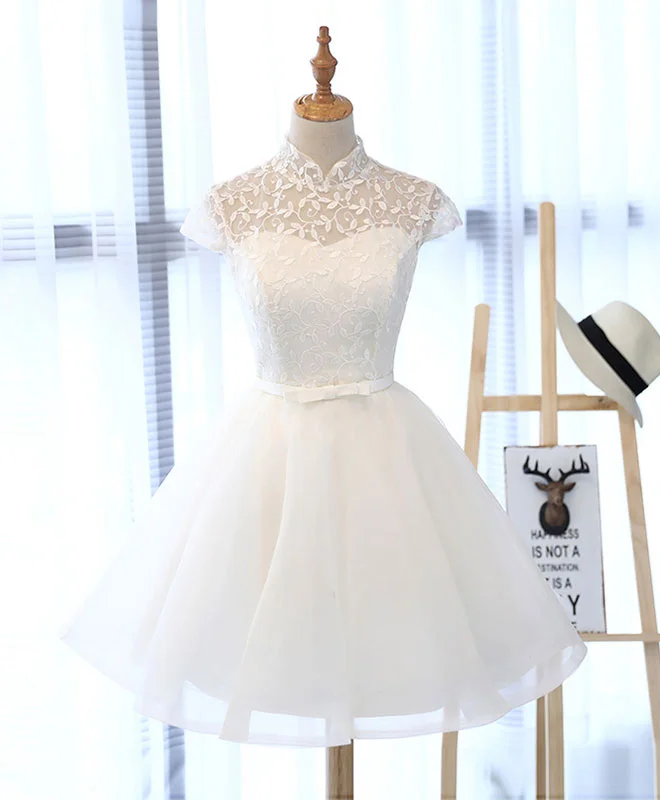 two-piece prom dressesCute White Lace Short Prom Dress, White Homecoming Dress