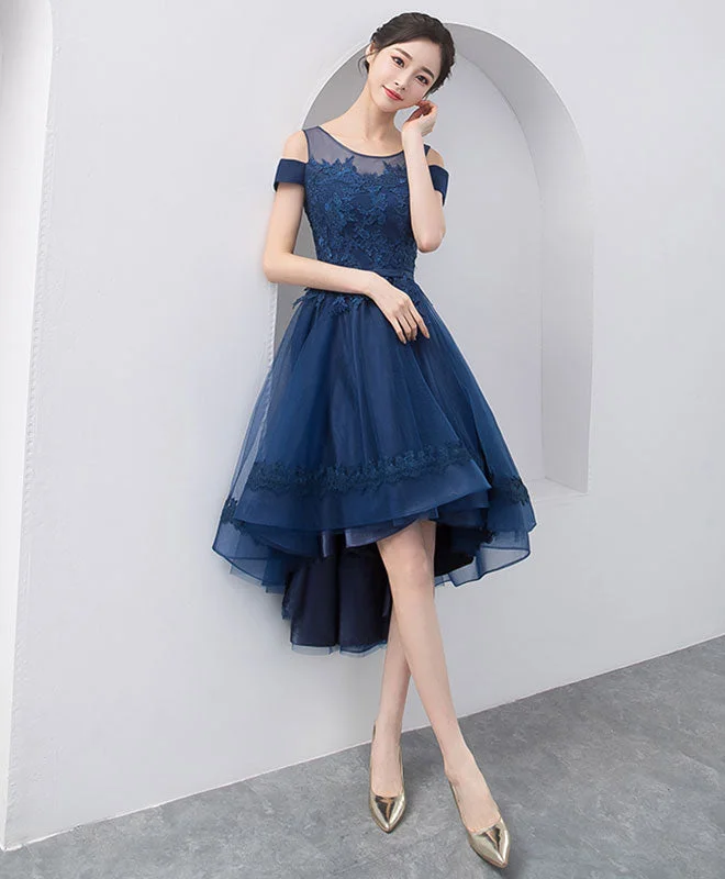 floral prom dressesDark Blue Lace Tulle Short Prom Dress, Homecoming Dress