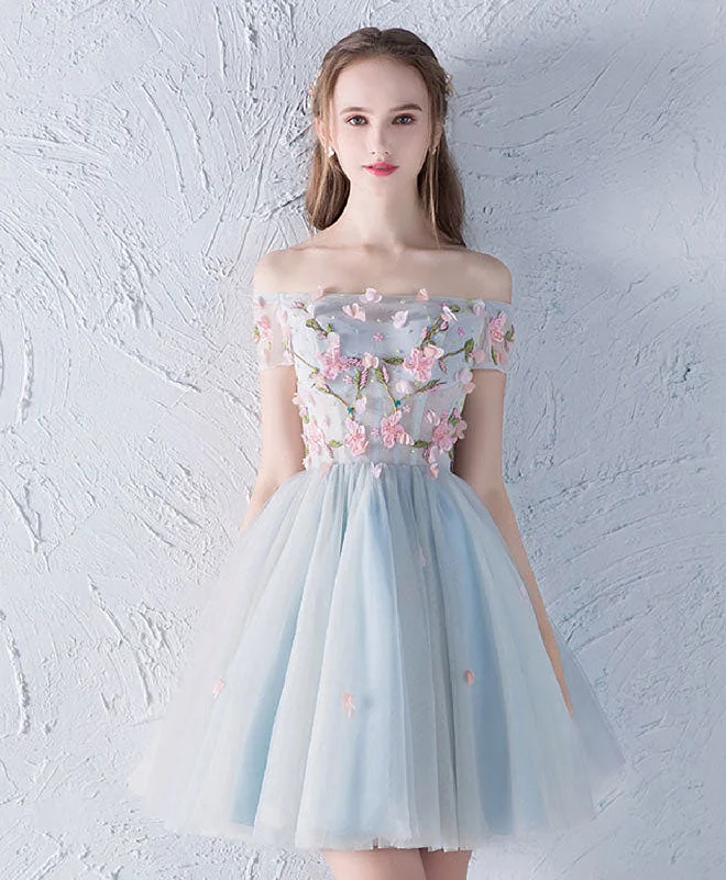 pastel prom dressesGray Blue Tulle Lace Applique Short Prom Dress, Homecoming Dress