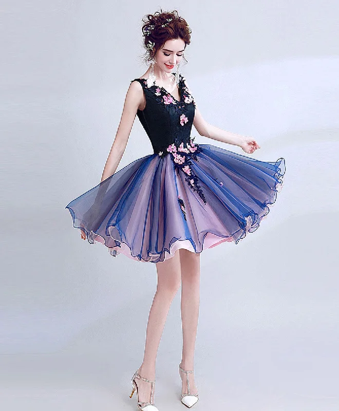 lace-up prom dressesDark Blue Lace Tulle Short Prom Dress, Puffy Blue Short Homecoming Dress