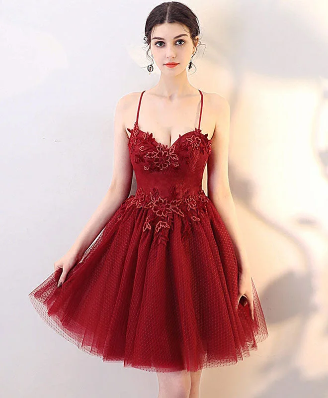 luxury prom dressesBurgundy Lace Tulle Short Prom Dress, Homecoming Dress