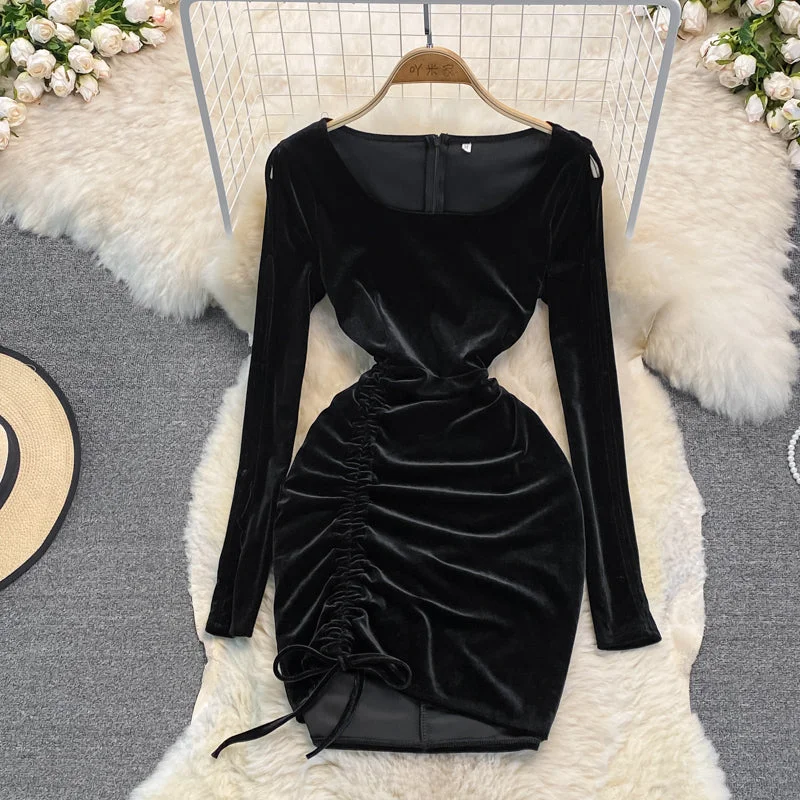 Fashionable Long Sleeves A-Line DressBlack Velvet Long Sleeve Dress Sexy Dress  10948