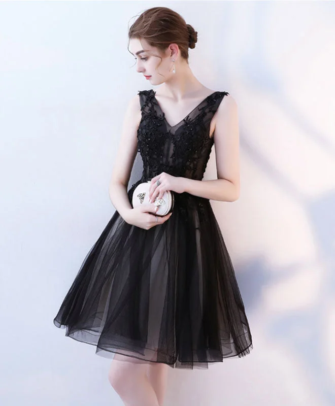 prom dresses with pocketsBlack V Neck Tulle Lace Short Prom Dress, Homecoming Dress