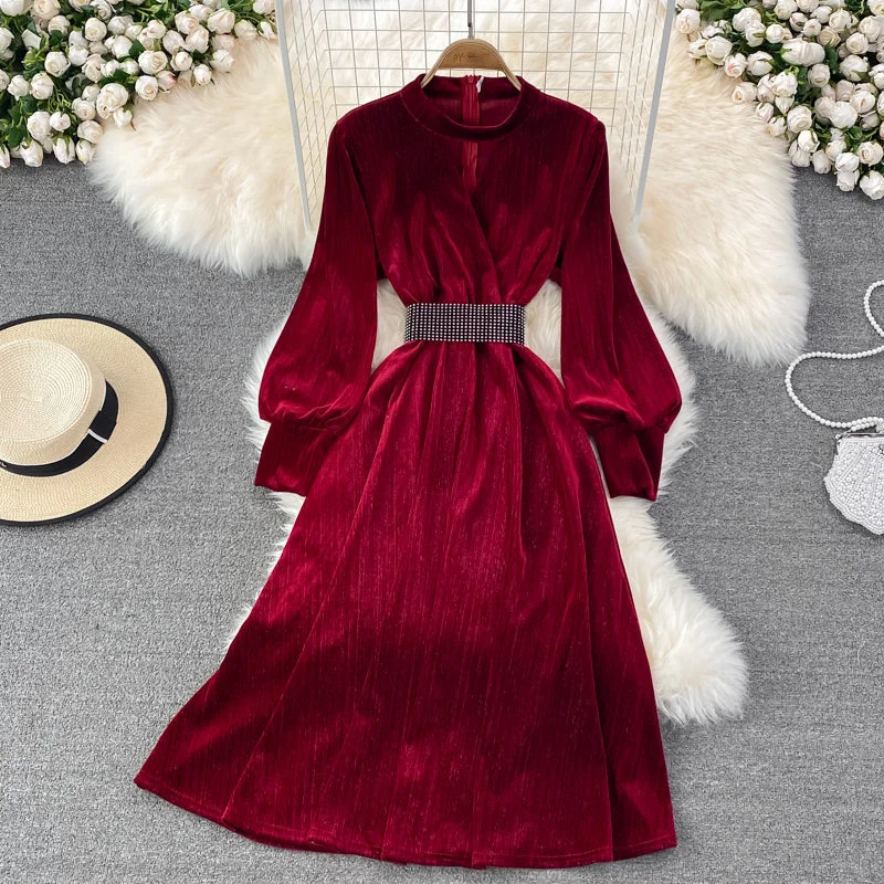 Flattering Long Sleeves DressElegant Velvet Long Sleeve Dress Fashion Dress  10849