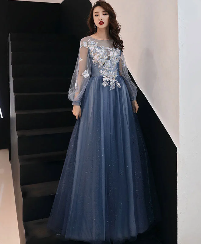 prom dresses with detachable sleevesBlue Round Neck Tulle Lace Long Prom Dress Blue Formal Dress