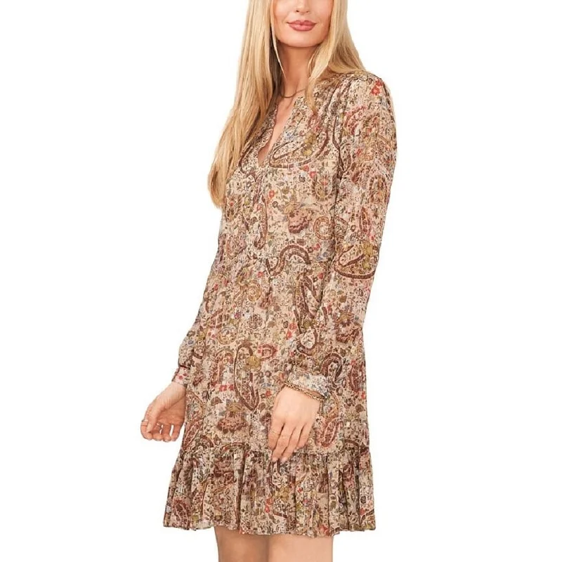 Flowing Long Sleeves Empire DressVince Camuto Women's Long Sleeves With V Neck Dress Brown Size X-Large