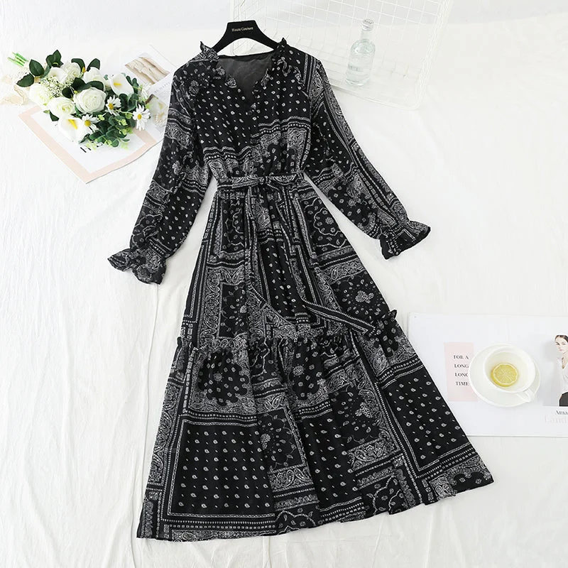 Funky Long Sleeves DressTemperament gentle wind long sleeve skirt high thin dress  3914