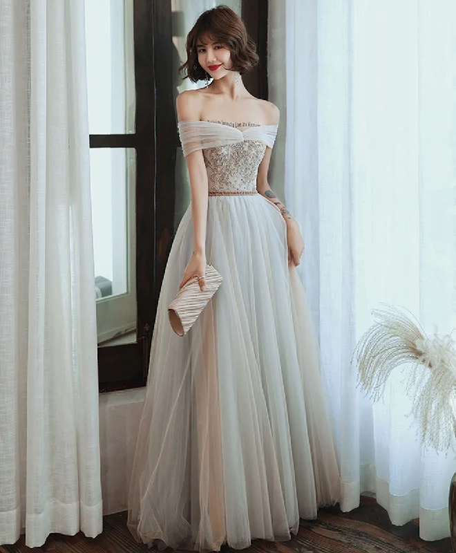 short prom dressesGray Tulle Lace Long Prom Dress Tulle Lace Formal Dress