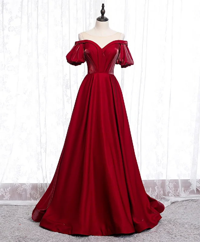 backless prom dressesSimple Sweetheart Burgundy Satin Long Prom Dress, Burgundy Formal Graduation Dress