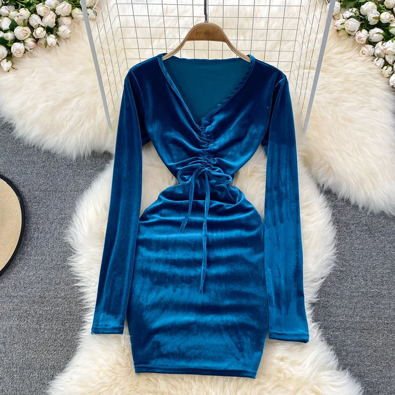 Formal Long Sleeves Bodycon Midi DressSexy V Neck Velvet Long Sleeve Dress Fashion Dress  10864