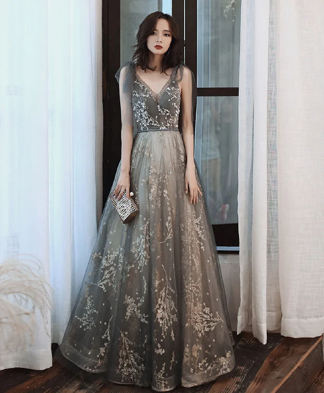 affordable prom dressesGray V Neck Tulle Lace Sequin Long Prom Dress Gray Tulle Formal Dress