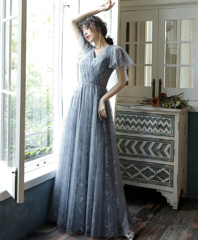 prom dress cleaningGray Blue V Neck A-Line Tulle Long Prom Dress Gray Blue Tulle Formal Dress