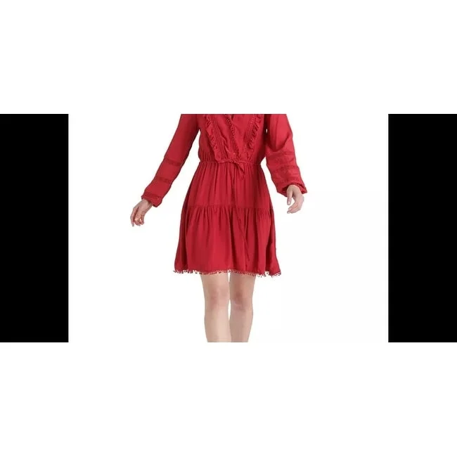 Formal Long Sleeves DressLucky Brand Women's Lace Detail Long Sleeve Crepe Dress Red Size X-Small