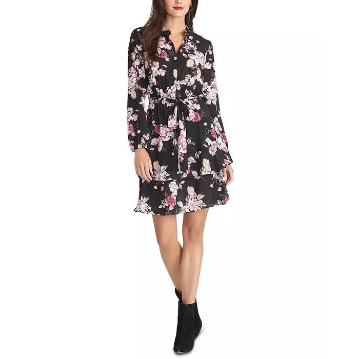 Flexible Long Sleeves Chiffon DressRachel Roy Women's Black Belted Floral Long Sleeve Collared Above The Knee Ruffled Dress Black Size Large