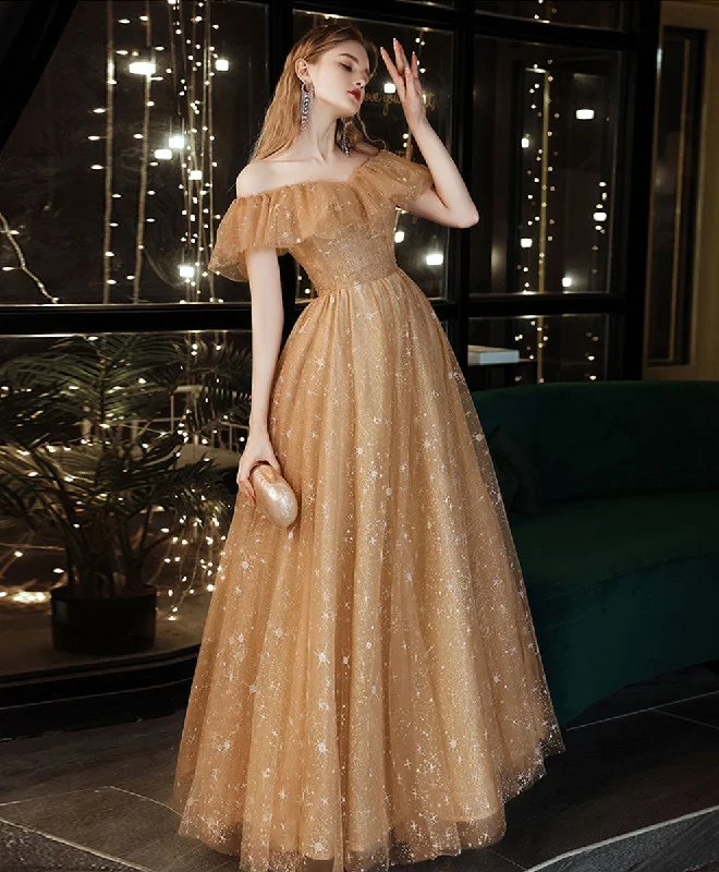 sequined prom dressesGold A line Long Prom Dresses, Shiny Off Shoulder Gold Formal Graduation Dress