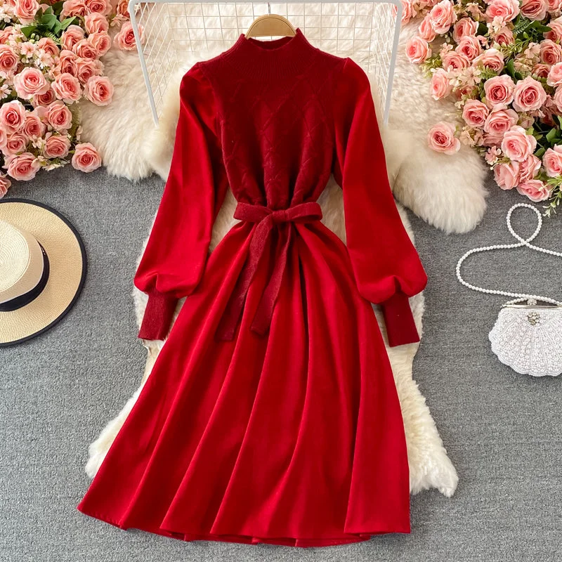 Formal Winter Long Sleeves DressFake two piece long sleeve knitted stitched corduroy A-line dress  3365