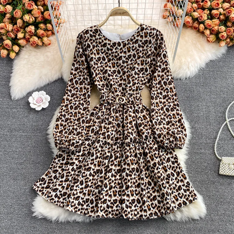 Funky Fashion Long Sleeves DressRuffled round neck long sleeve Leopard Dress  3375