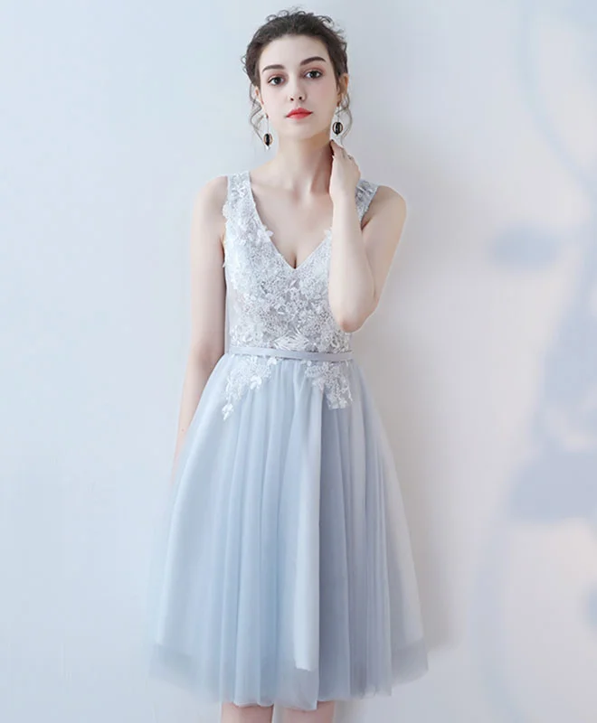 affordable prom dressesCute V Neck Lace Tulle Short Prom Dress, Homecoming Dress