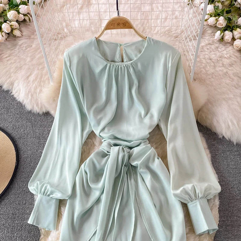 Flexible Long Sleeves Bridesmaid DressRound neck temperament, slim waist, Long Sleeve Ruffle Dress  3123