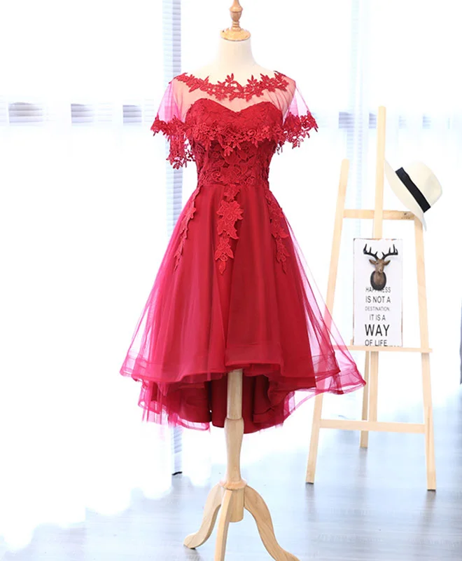 off-shoulder prom dressesRed Round Neck Lace Tulle Short Prom Dress