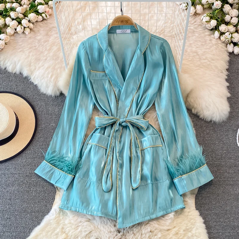 Formal Bridal Long Sleeves DressCelebrity style acetate Satin Long Sleeve waist closing shirt dress  3269