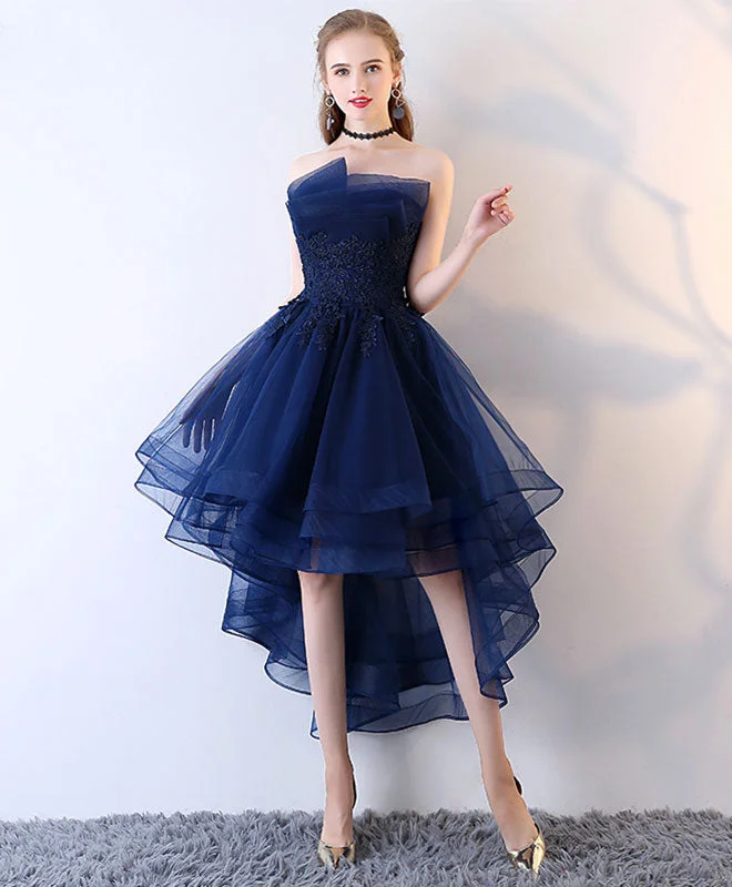 mid-length prom dressesDark Blue Tulle Short Prom Dress, High Low Homecoming Dresses