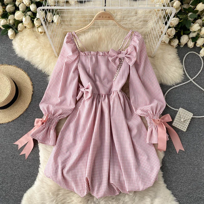 Flirty Long Sleeves Cold-Shoulder DressCute Plaid Long Sleeve Dress Fashion Dress  10907