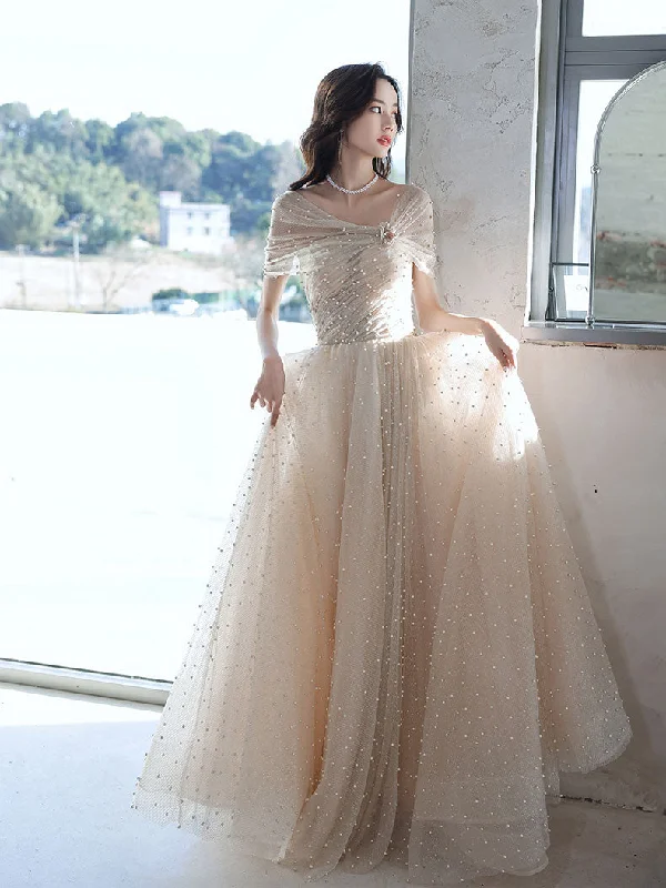 prom dress style guidesChampagne  Tulle Beads Long Prom Dress Champagne Formal Dress