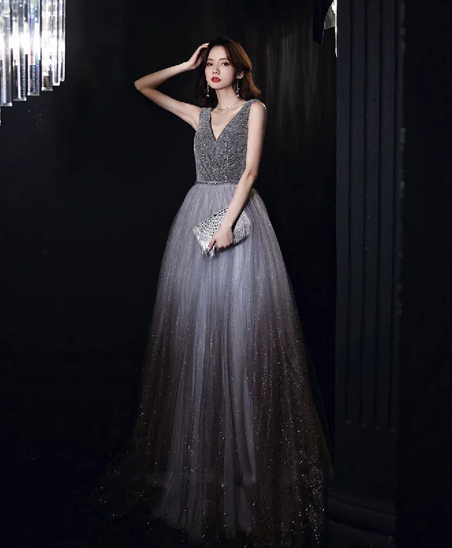 prom dresses for fallShiny Aline Gray Tulle V Neck Sequin Long Prom Dress, Gray Formal Dress