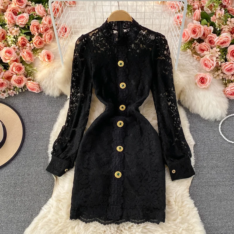 Formal Velvet Long Sleeves DressLight luxury medium length stand collar lace Hip Wrap Dress long sleeve  3236