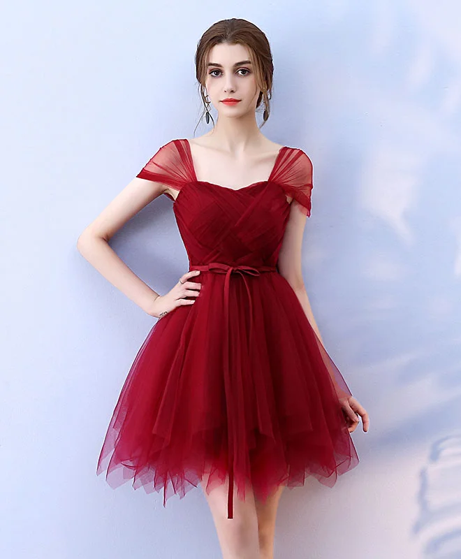 open-back prom dressesCute Burgundy Tulle Short Prom Dress,  Burgundy Homecoming Dress