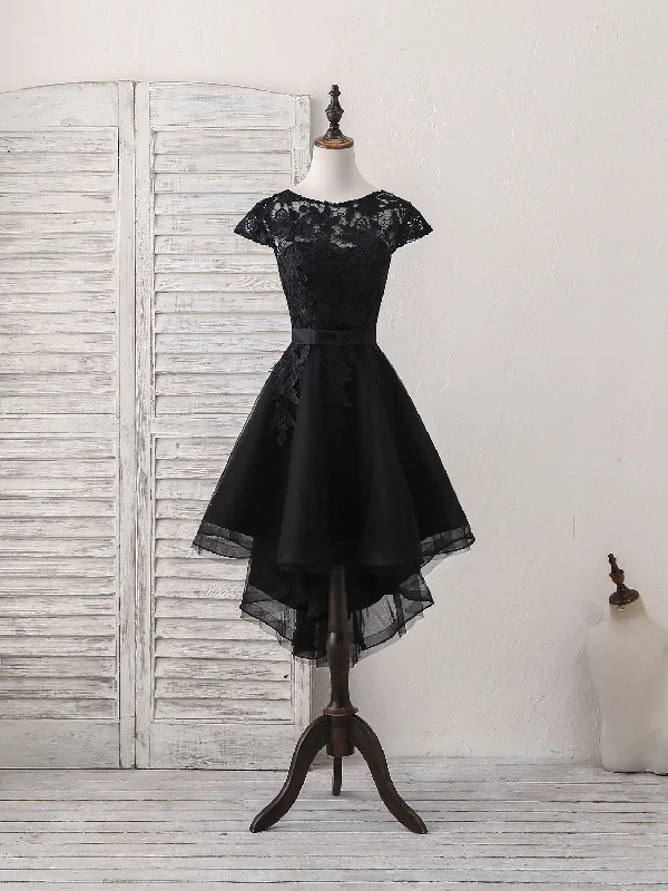 illusion sleeve prom dressesBlack Round Neck Tulle Lace Applique Short Prom Dress, Black Homecoming Dress