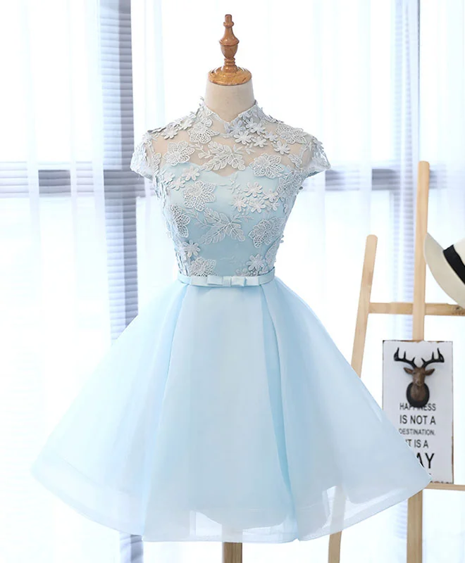 prom dresses with built-in petticoatsLight Blue Applique Short Prom Dress, Blue Homecoming Dress