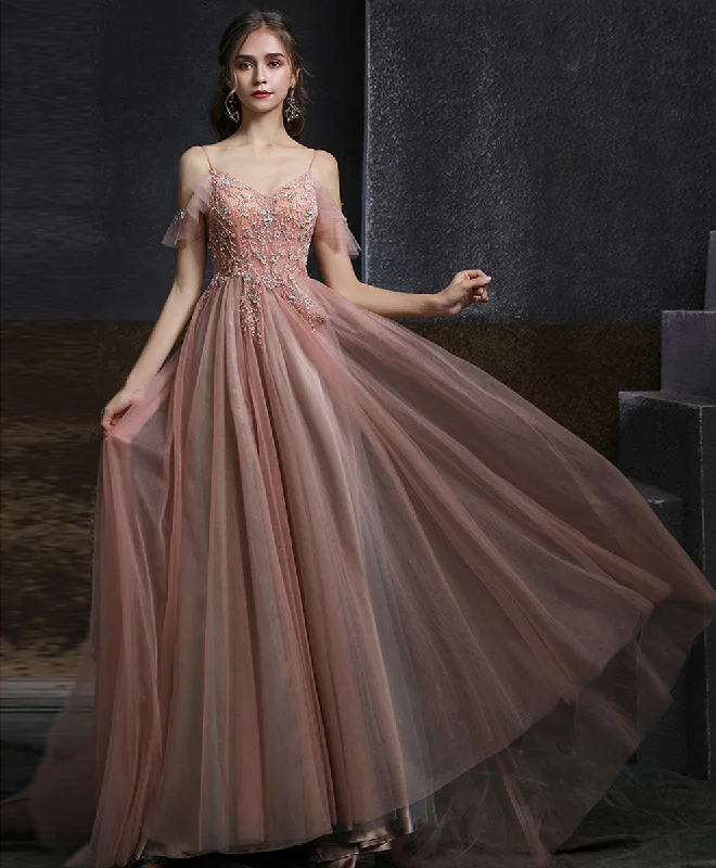 prom dress inspiration galleriesPink V Neck Tulle Beading Long Prom Dress, Pink Formal Graduation Dresses