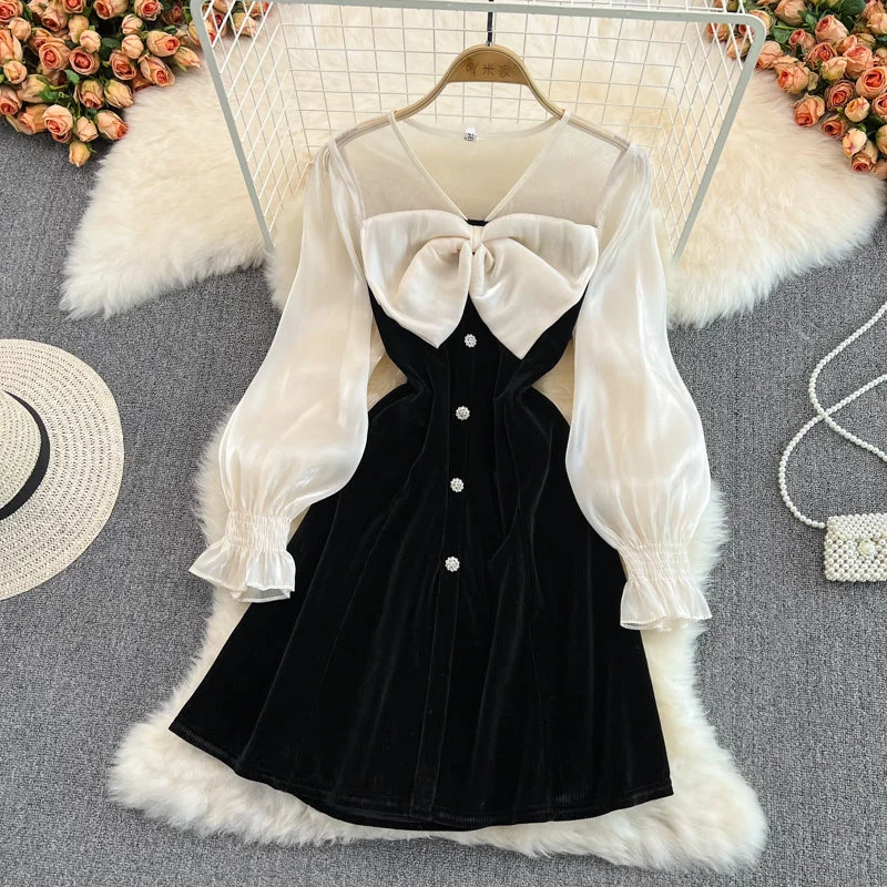 Fancy Long Sleeves Satin Slip DressCute V-Neck Bow Long Sleeve Dress Black Fashion Dress  10883